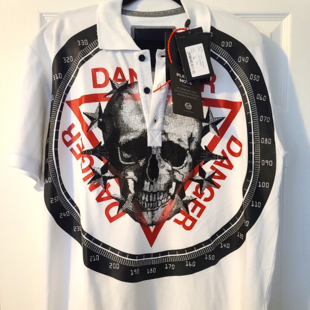 New Philipp Plien Crystal Skull Polo Shirt
